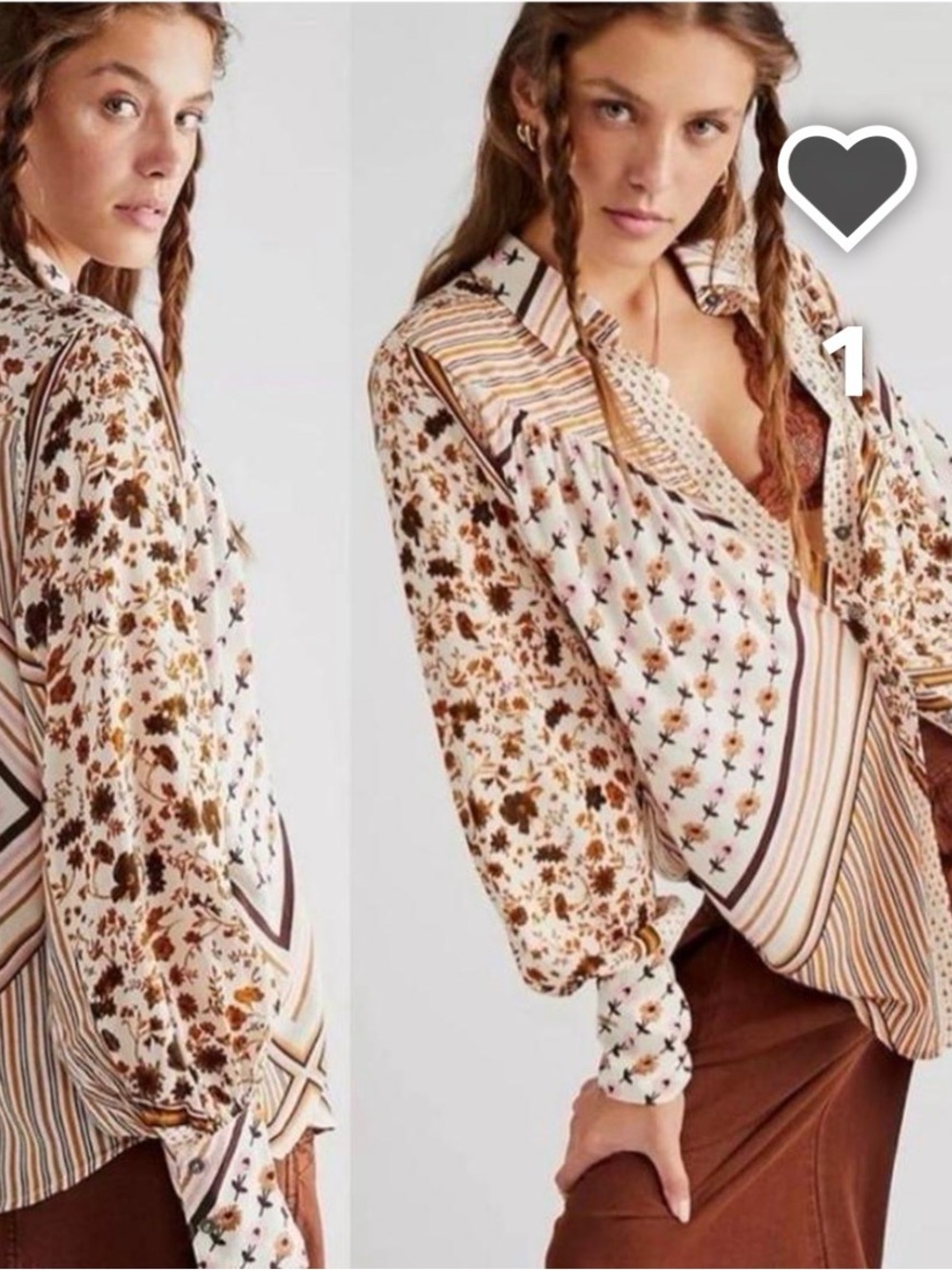 Free People Floral Patchwork Button-Up Blouse - Brown/Cream